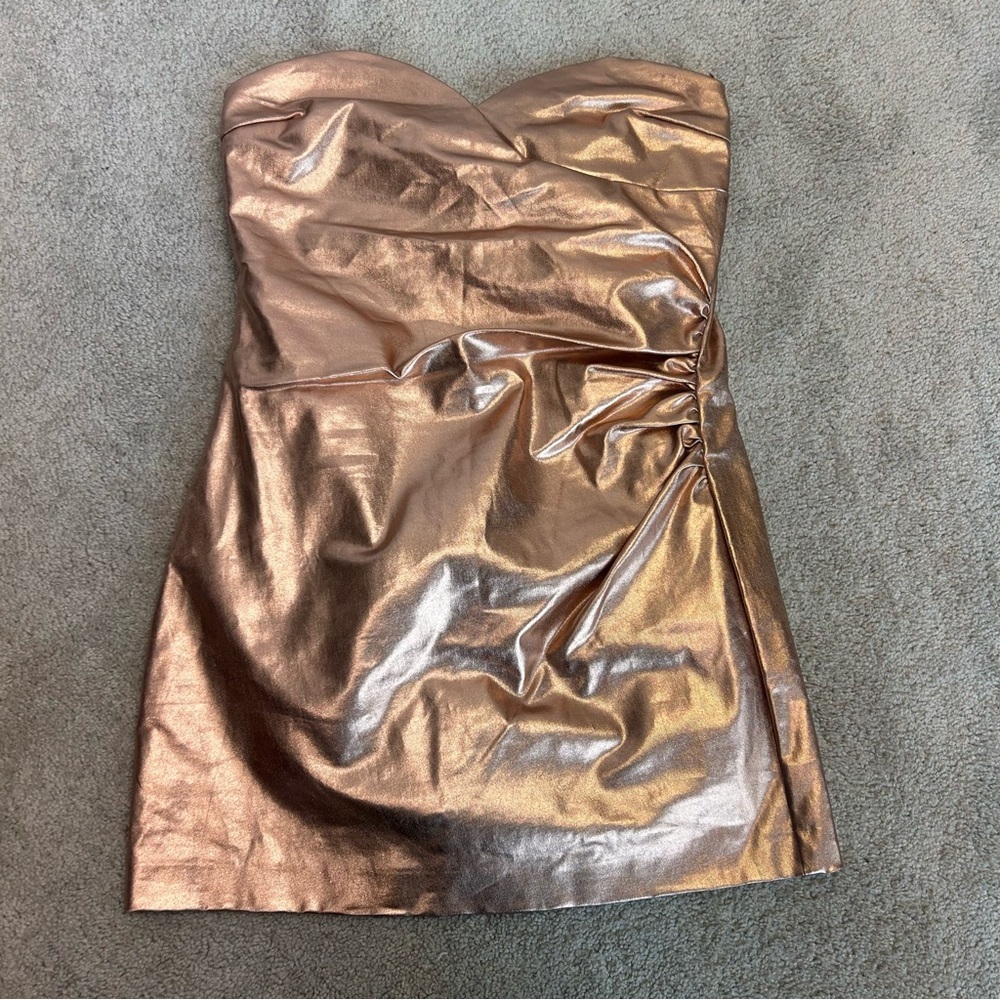 Zara rose gold metallic foil faux leather strapless mini dress bodycon Sz M NWOT - Picture 6 of 16